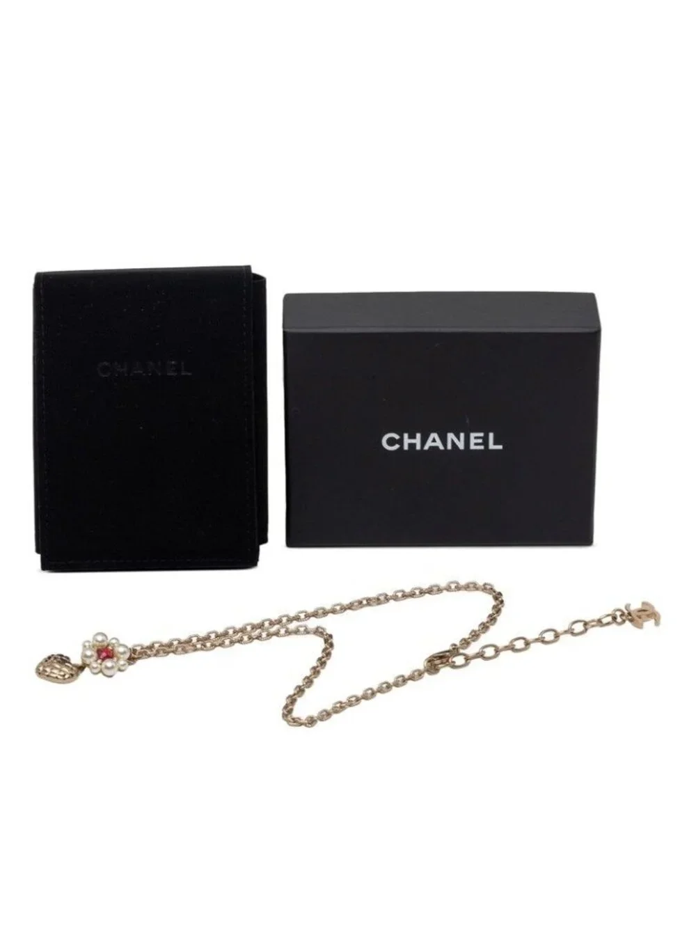 Chanel CC Logo Heart Flower Pendant Gold Plated Faux Pearl Stone